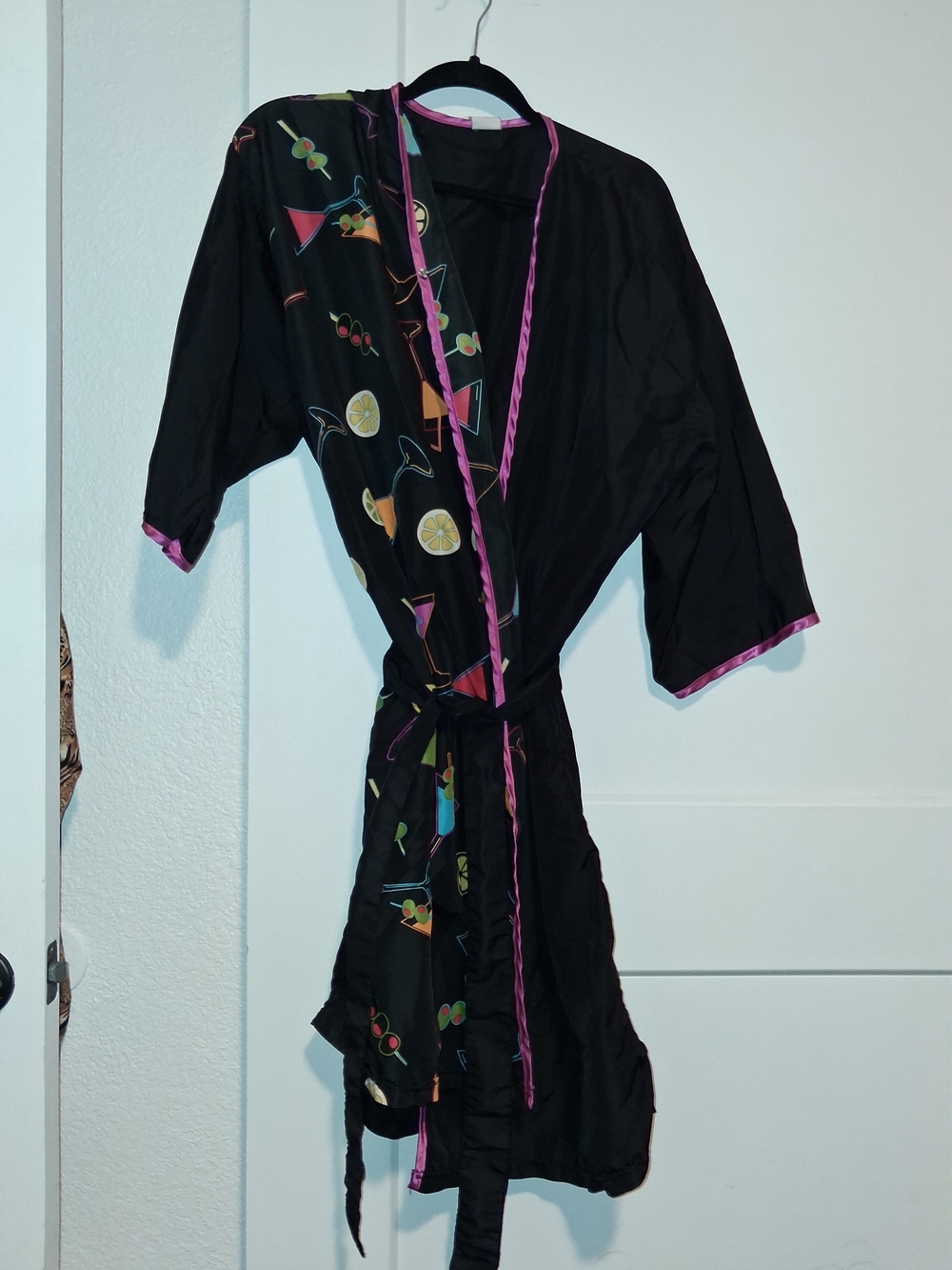Black Cocktail Print /Salon /Smock Robe with Pink Trim